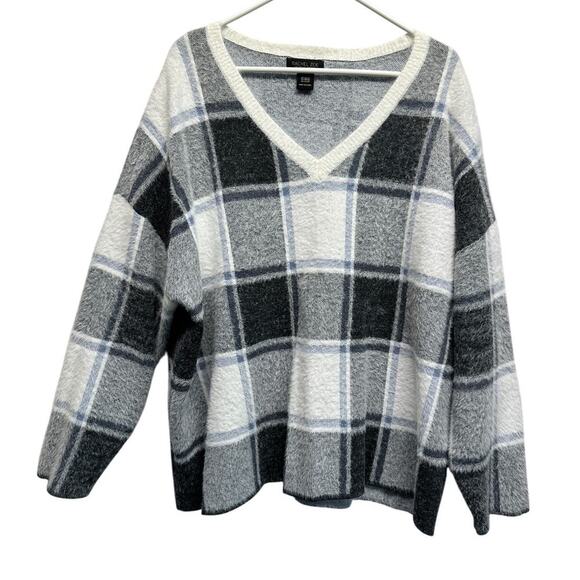 Rachel Zoe Super Soft Plaid Women Sweater 2X Muted Grey Blue LS - Picture 1 of 8